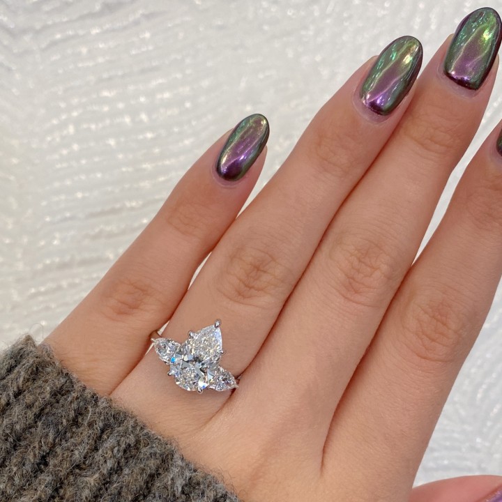 2.41 carat Pear Shape Lab Diamond Three-Stone Engagement Ring flat