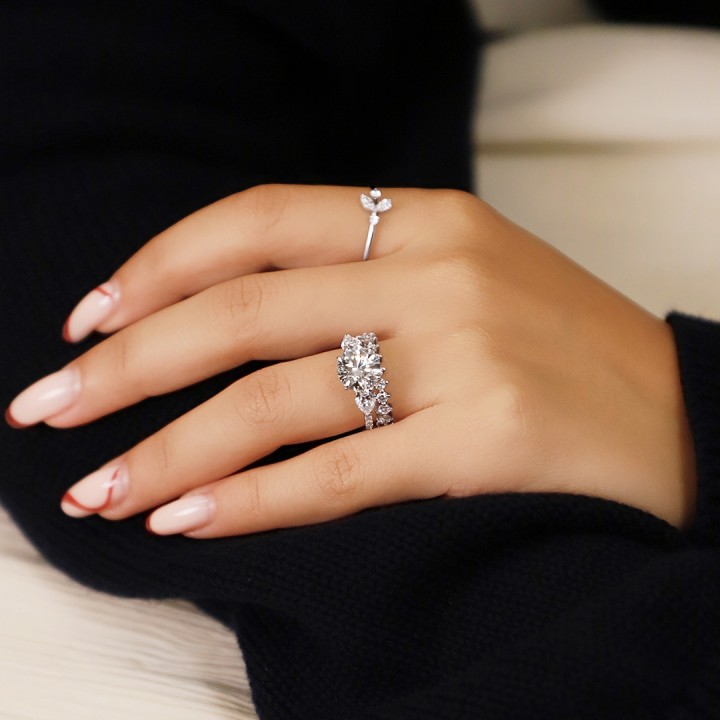 2.45 carat Round Lab Diamond Three-Stone and Pave Ring flat